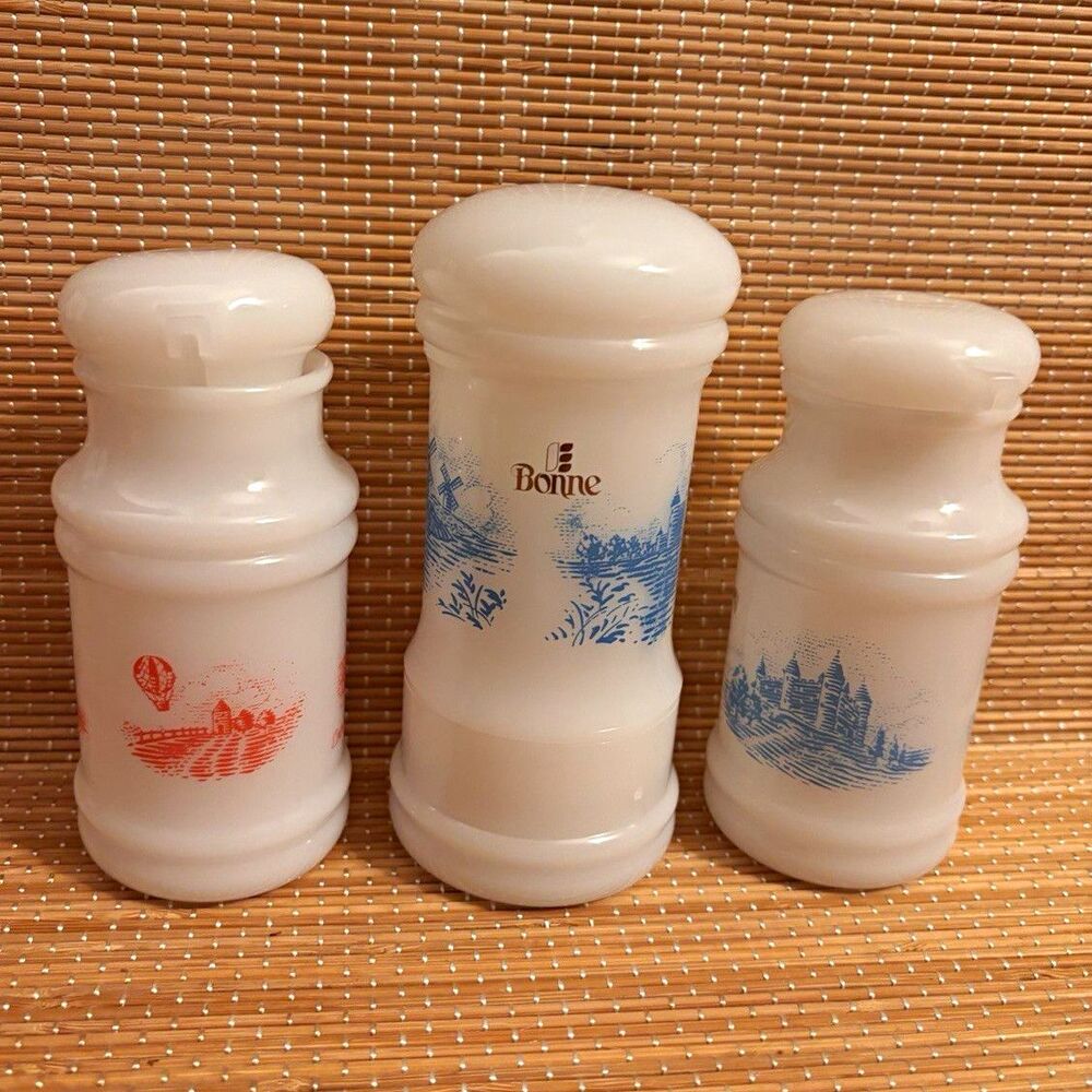 EUC Bonne Evercraft Milk Glass-look Plastic 1 Salt Mill & 2 Pour Bottles Set